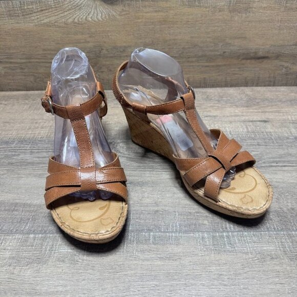 Born Brown Leather Strappy Cork Wedge Heel Sandals Women's Size 11 - Picture 6 of 7